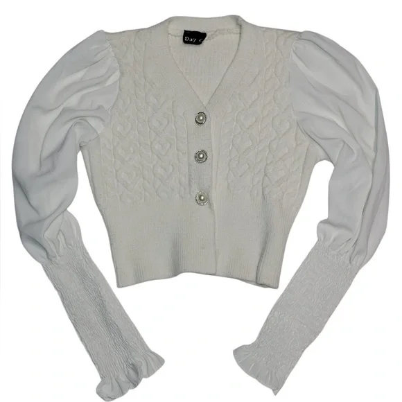 Victorian White Knit Puff Sleeves Cardigan Size S/M - Picture 1 of 12